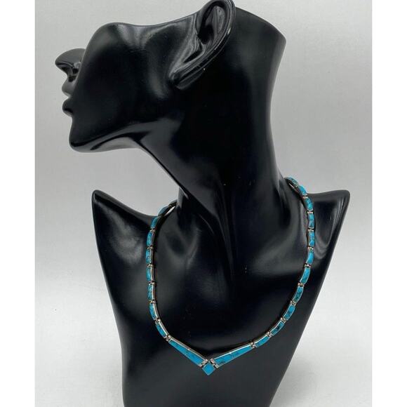 VTG Taxco Sterling Silver 950 Turquoise Inlay Hinged Panel Collar Necklace 22.7g - Picture 3 of 16